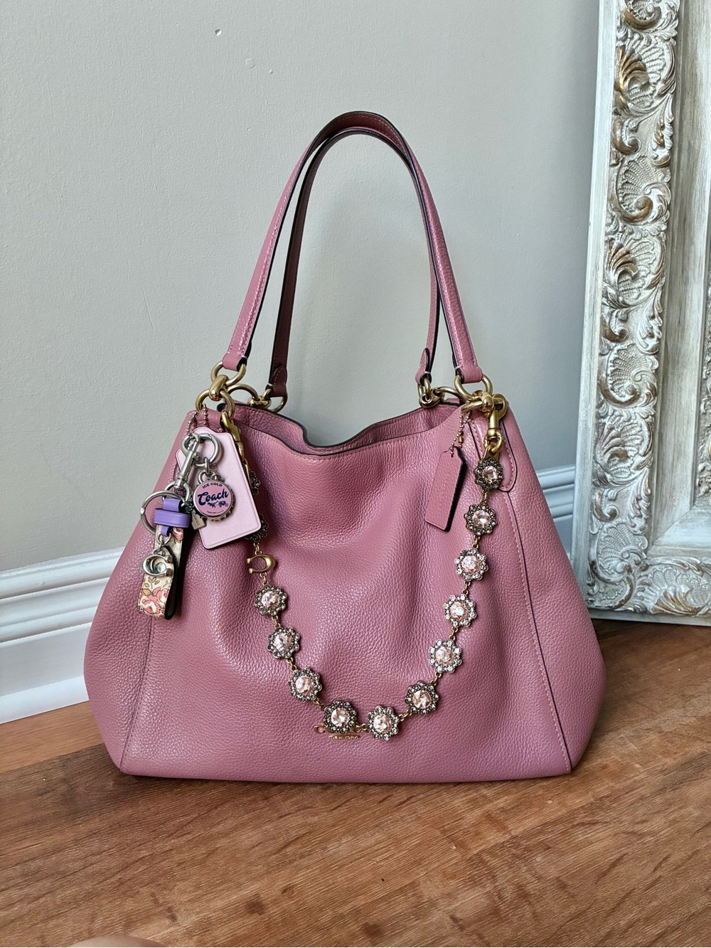 Coach Hallie Leather Shoulder Bag, Pink / Gold 80268
